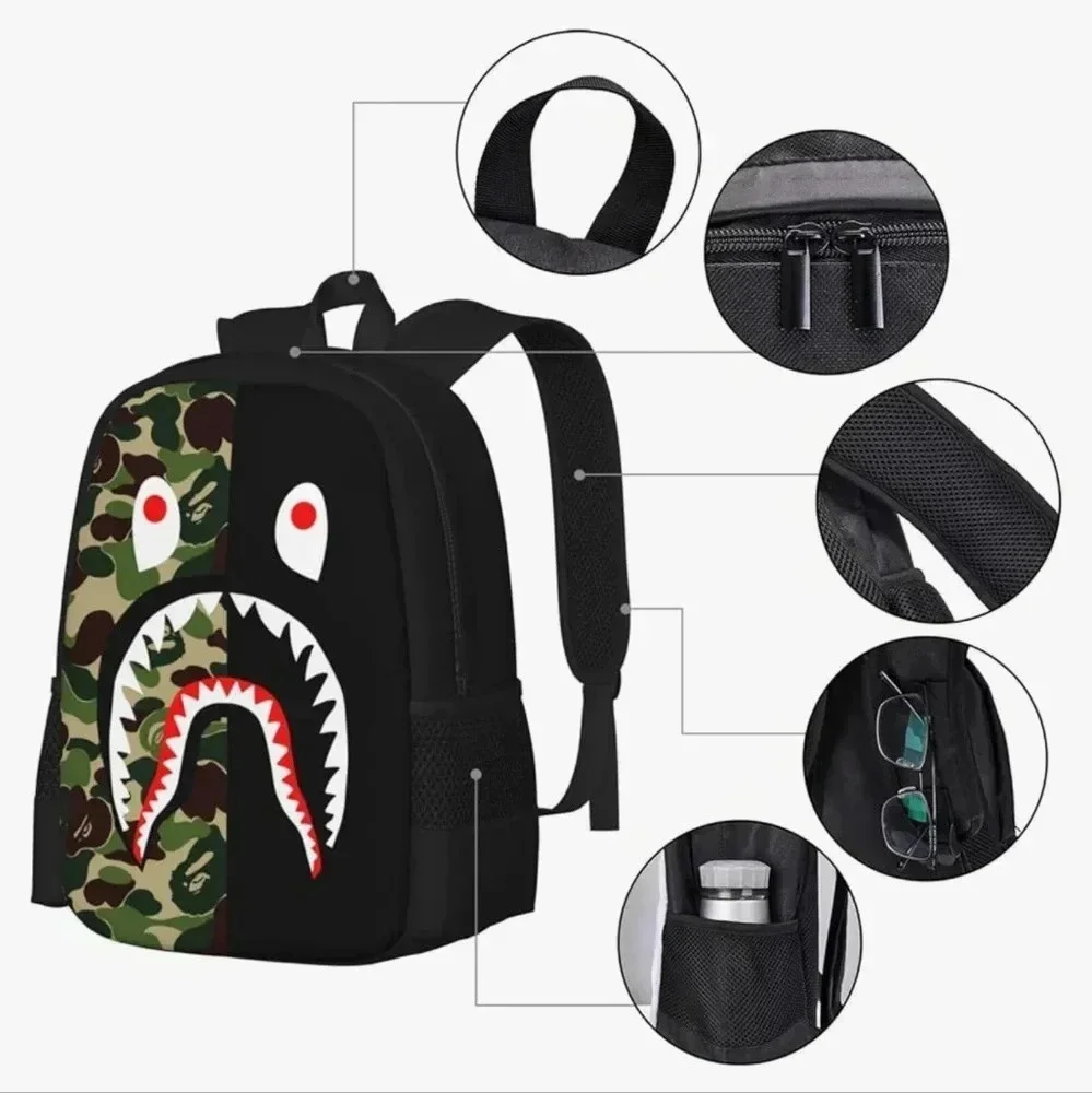 17inch Shark Backpack Green Camouflage 3D Print Laptop Backpack Lightweight